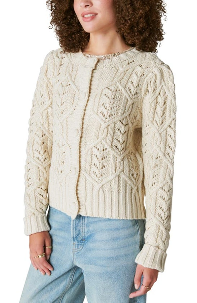 Shop Lucky Brand Metallic Thread Cotton Blend Cable Cardigan In Whisper White