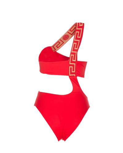 Shop Versace Greca Logo Swimsuit In Red