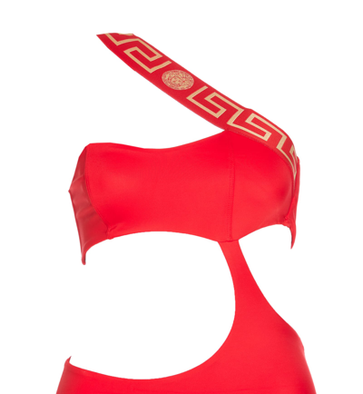 Shop Versace Greca Logo Swimsuit In Red