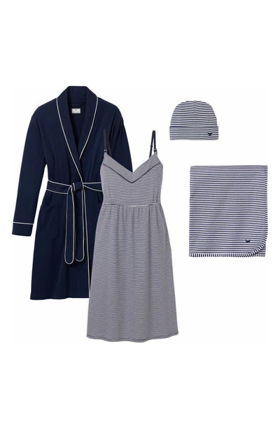 Shop Petite Plume The Hospital Stay Luxe Maternity/nursing Robe, Nightgown, Baby Blanket & Baby Hat Set In Navy