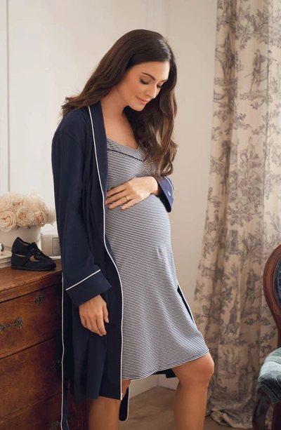 Shop Petite Plume The Hospital Stay Luxe Maternity/nursing Robe, Nightgown, Baby Blanket & Baby Hat Set In Navy