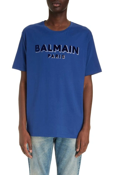 Shop Balmain Flock & Foil Logo Graphic T-shirt In Slk Dark Blue/ Multi