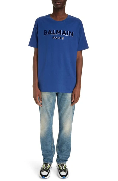 Shop Balmain Flock & Foil Logo Graphic T-shirt In Slk Dark Blue/ Multi