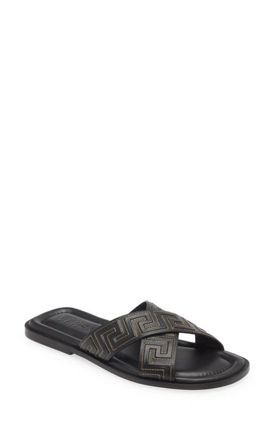 Shop Versace La Greca Leather Slide Sandal In Black/ Gold
