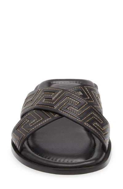 Shop Versace La Greca Leather Slide Sandal In Black/ Gold