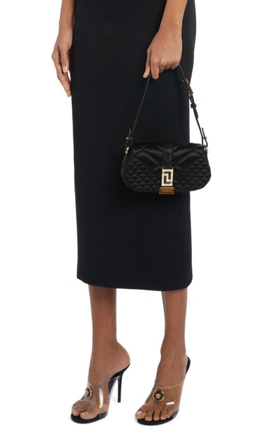 Shop Versace Mini Greca Goddess Quilted Satin Top Handle Bag In Black- Gold