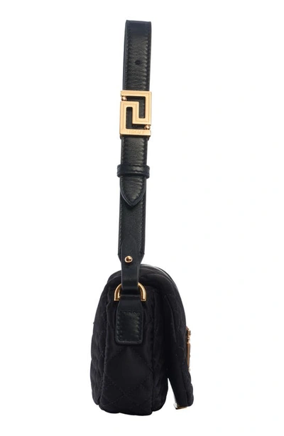 Shop Versace Mini Greca Goddess Quilted Satin Top Handle Bag In Black- Gold
