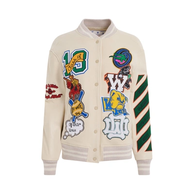 Shop Off-white Wool Embroidered Slogan Patch Varsity Jacket