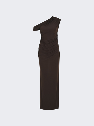 Shop Zeynep Arcay One Shoulder Ruched Jersey Dress In Brown