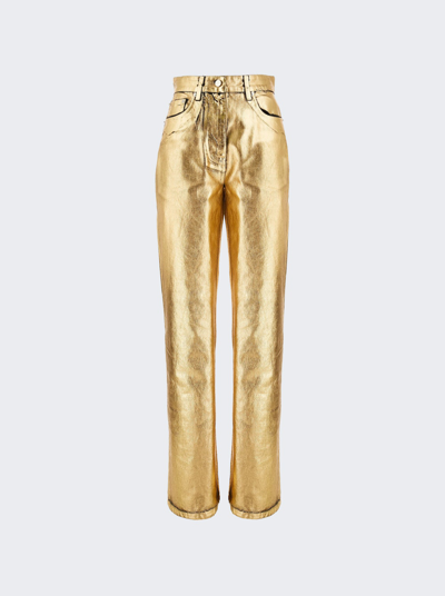Ferragamo Logo-patch Metallic-finish High-waist Trousers In Gold