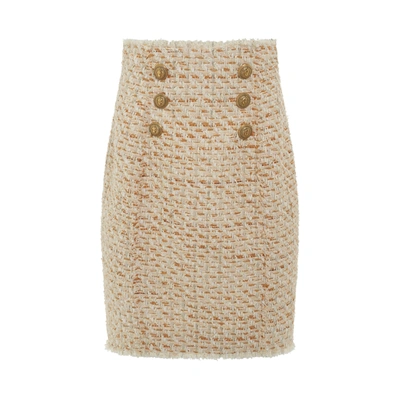 Balmain Beige Tweed Skirt With Front Golden Buttons In Cotton Blend Woman