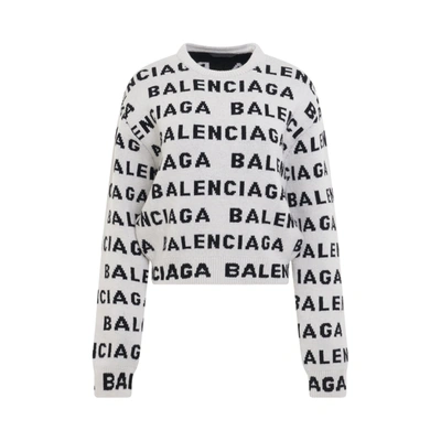 Balenciaga Allover Logo Crop Wool Blend Sweater