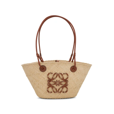 Loewe X Paula's Ibiza Anagram Small Basket Bag In Iraca Palm With Leather Handles
