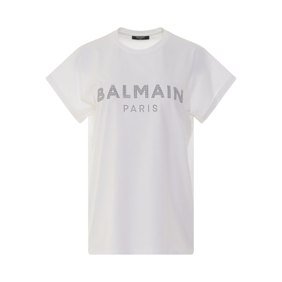 Shop Balmain Short Sleeve Rhinestone Logo T-shirt