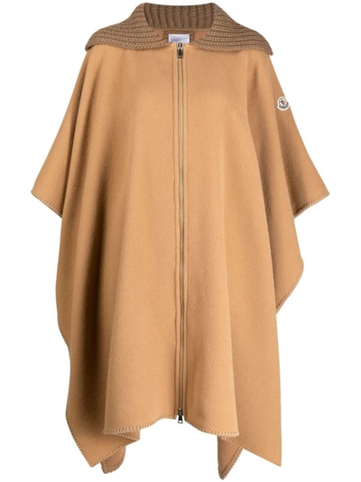 Shop Moncler Cape With Ribbed Collar In Beige