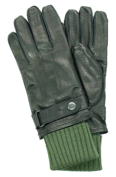 Shop Portolano Knit Cuff Leather Gloves In Black/ Fern
