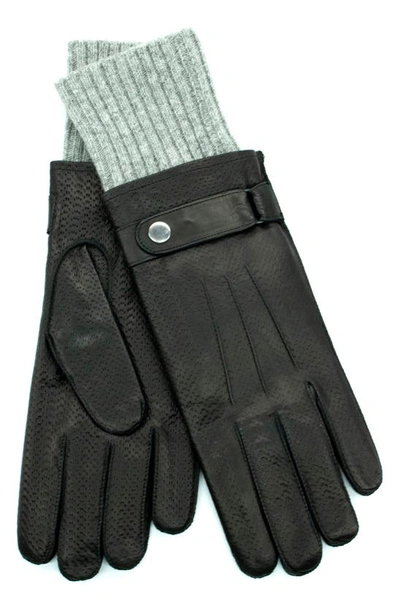 Shop Portolano Knit Cuff Leather Gloves In Black/ Light Grey