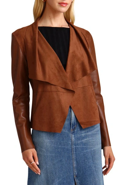 Shop Bagatelle Faux Suede & Faux Leather Open Front Crop Jacket In Coffee