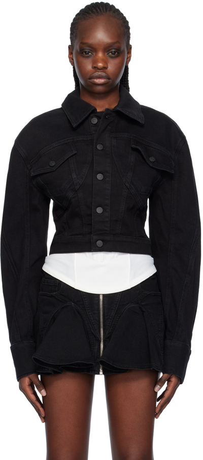 Shop Mugler Black Cropped Denim Jacket In B1919 Black/black