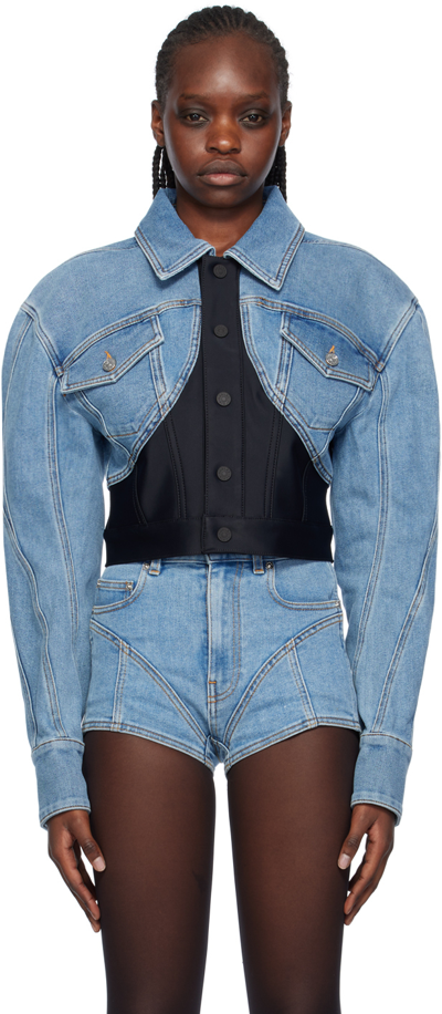 Shop Mugler Blue & Black Cropped Denim Jacket In 3074 Medium Blue / B