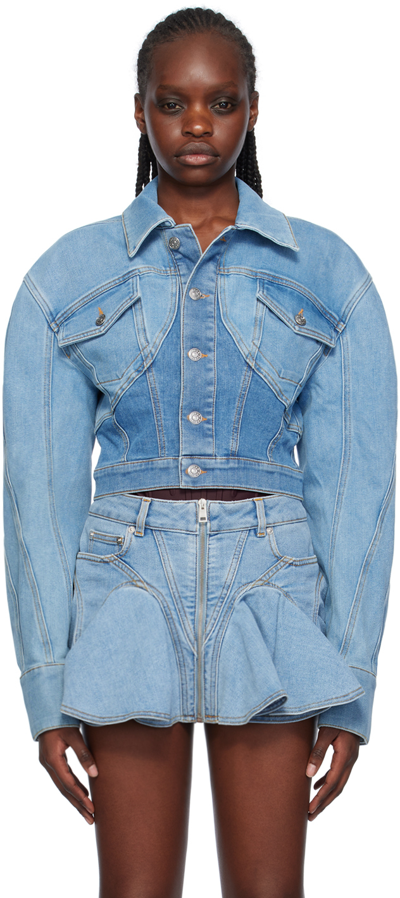 Shop Mugler Blue Cropped Denim Jacket In B6403 Med Blue/blue