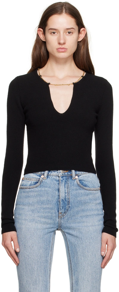 Alexander Wang V-neck Cropped Sweater With Nameplate Chain In 001 Black