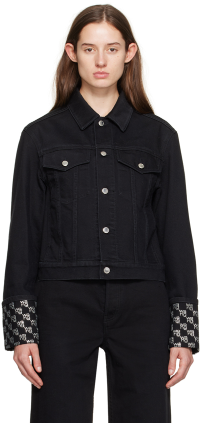 Shop Alexander Wang Black Crystal Cuff Denim Jacket In 011 Washed Black