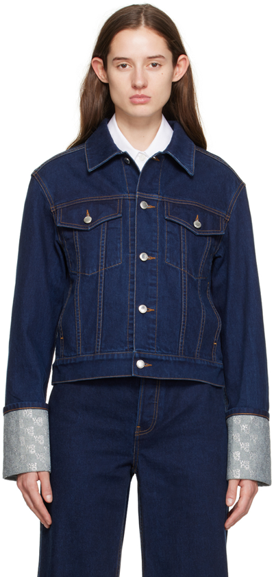 Shop Alexander Wang Indigo Crystal Cuff Denim Jacket In 462a Clean Indigo