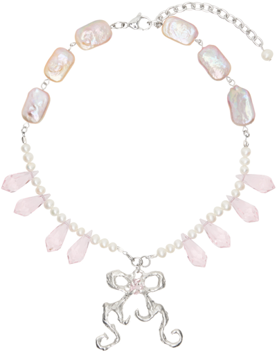 Shop Harlot Hands White & Pink Caroline Double Ribboned Bow Necklace In 925 Sterling Silver