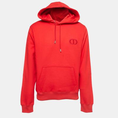 Pre-owned Dior Red Logo Embroidered Cotton Hoodie L