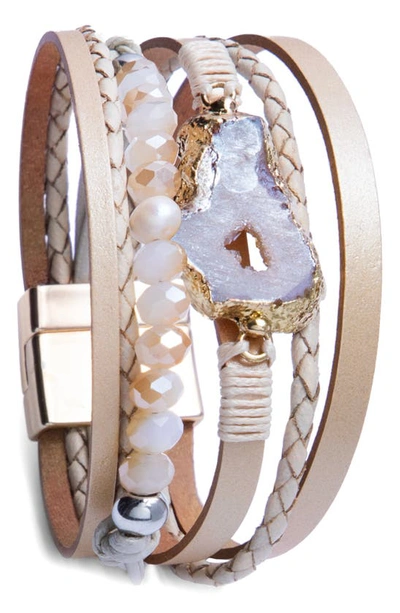 Shop Saachi Agate & Freshwater Pearl Faux Leather Bracelet In Beige Ivory
