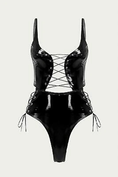 Pre-owned Firebody Lace-up Patent Leather Thong Bodysuit For Women In Black