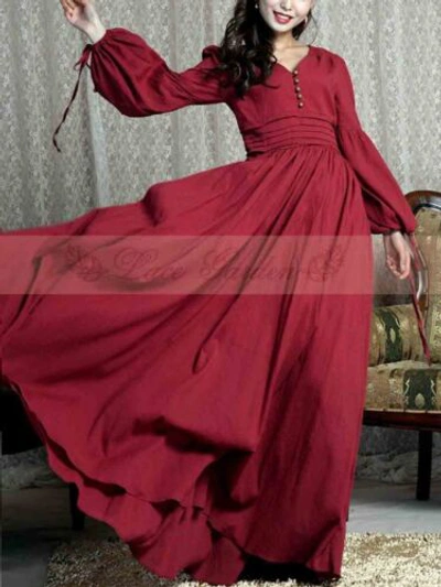 HANDMADE Pre-owned Custom Made To Order Balloon Sleeve A-line High Waist Gown Dress Plus 1x-10x L68 In Red