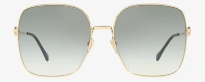 Pre-owned Gucci Gg0879s Womens Square Designer Sunglasses Shiny Gold Navy Blue/green 61 Mm