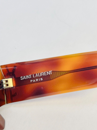 Pre-owned Saint Laurent M21 Ysl Logo Slm21f 003 Brown Havana Bold Rectangular Sunglasses In Gray