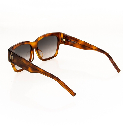 Pre-owned Saint Laurent M21 Ysl Logo Slm21f 003 Brown Havana Bold Rectangular Sunglasses In Gray