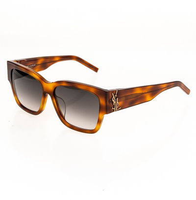 Pre-owned Saint Laurent M21 Ysl Logo Slm21f 003 Brown Havana Bold Rectangular Sunglasses In Gray