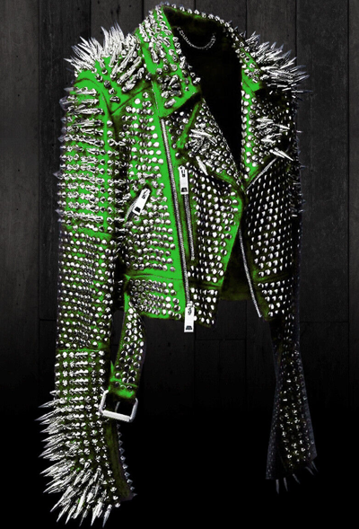 Pre-owned Brando Womens Punk Full Long Spiked Studded  Green Leather Jacket, Women Wear