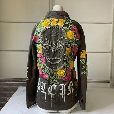 Pre-owned Philipp Plein Costance Denim Jacket Women's Small Floral Embroidered In Multicolor