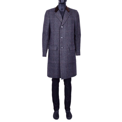 Pre-owned Dolce & Gabbana Virgin Wool Houndstooth Coat With Velvet Collar Brown Gray 07012