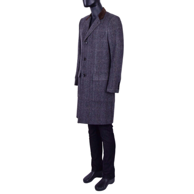 Pre-owned Dolce & Gabbana Virgin Wool Houndstooth Coat With Velvet Collar Brown Gray 07012