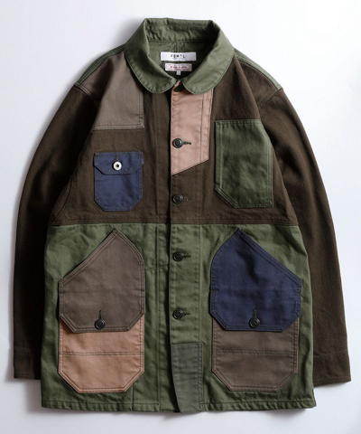 Pre-owned Fdmtl Boro Patchwork Coverall Jacket Rinse Khaki Brown Green Blue Fa22-jk13b-kha