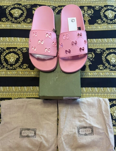 Pre-owned Gucci Auth  Slides Pink Rubber Gg Cutout Slide Sandals Dust Bags & Box 37