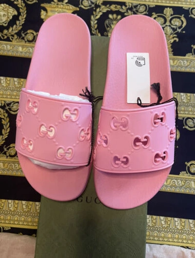 Pre-owned Gucci Auth  Slides Pink Rubber Gg Cutout Slide Sandals Dust Bags & Box 37