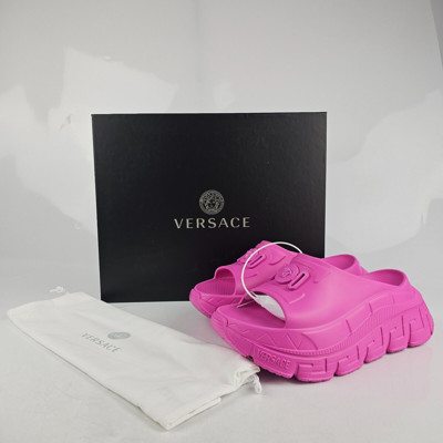 Pre-owned Versace Greca Medusa Women's Fuchsia Rubber Slides In Pink