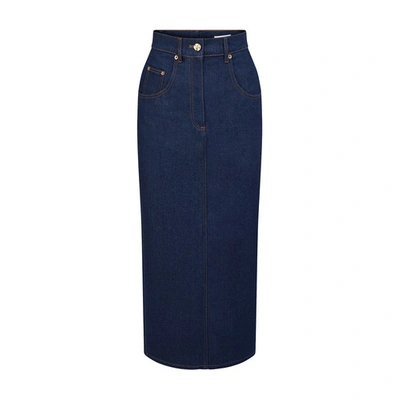 Shop Nina Ricci Long Denim Skirt With Slit In Raw_blue