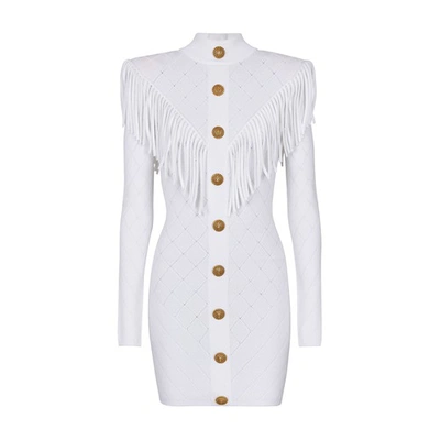 Shop Balmain Short Fine-gauge Fringed Knit Dress In White