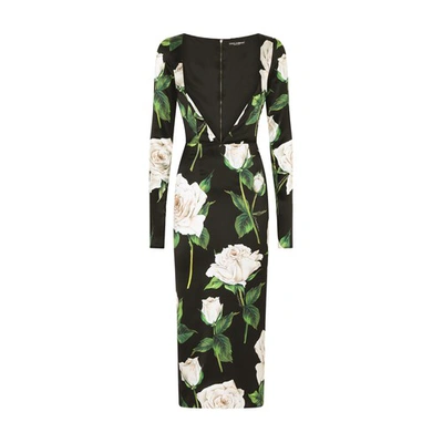 Shop Dolce & Gabbana Satin Calf-length Dress In Rose_bianche_f_nero