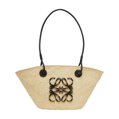 Loewe X Paula's Ibiza Anagram Small Basket Bag In Iraca Palm With Leather Handles In Natural_black