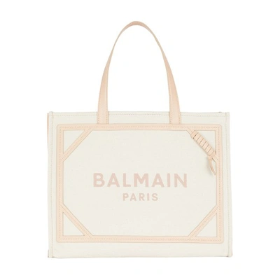 Shop Balmain B-army 42 Canvas And Leather Shopper In Beige